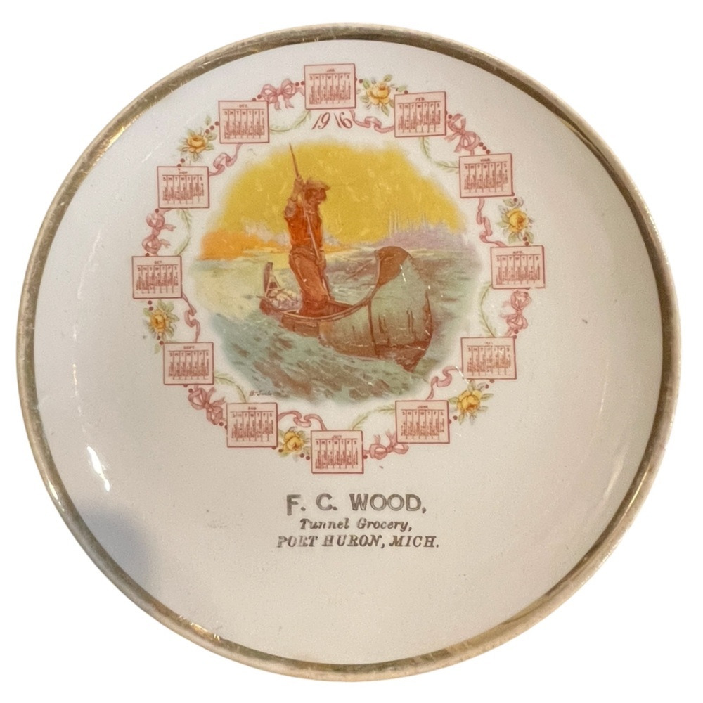 Vintage F.C. Wood Huron, MI Decorative Calendar Plate with Ship Design from 1916